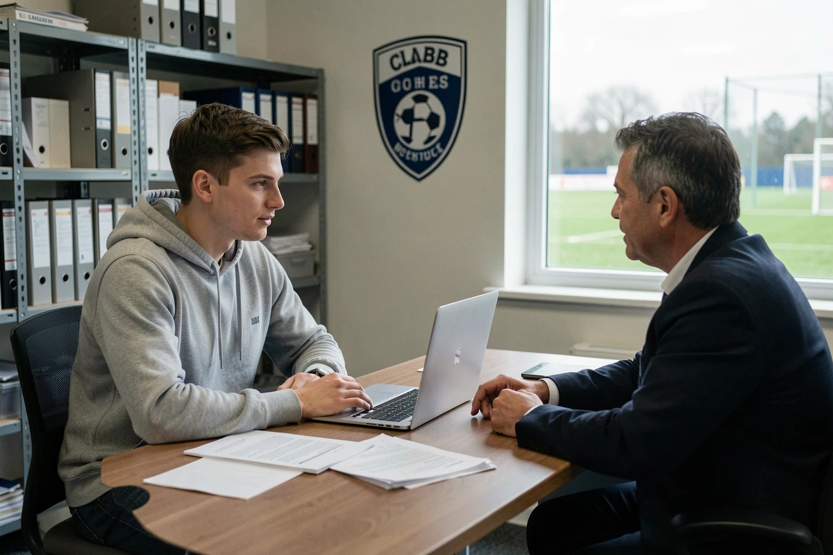 Joueur de National 2 en négociation de salaire avec un dirigeant de club de football amateur