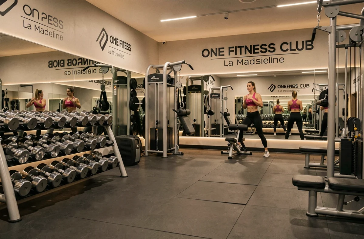Intérieur moderne du One Fitness Club La Madeleine avec équipements de musculation et membres en entraînement