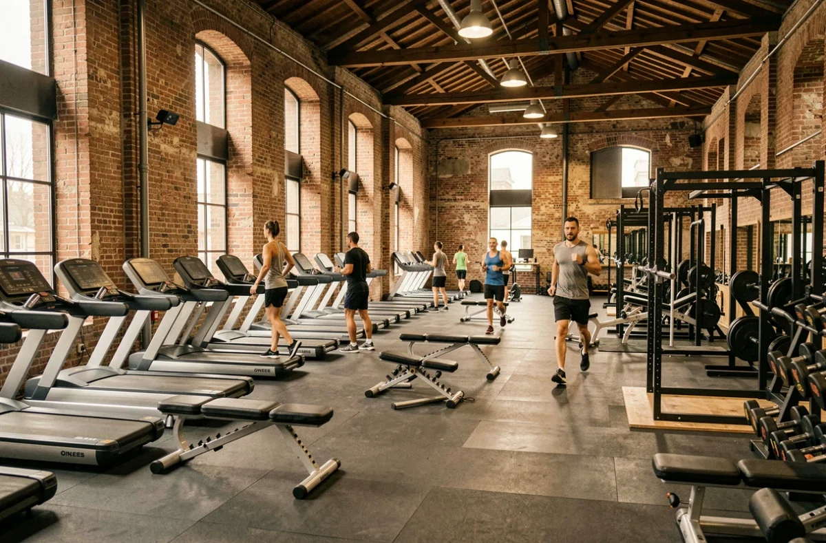 Salle du One Fitness Club Les Tanneurs avec murs en briques apparentes et équipements fitness modernes