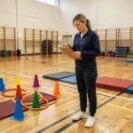 Professeure d'EPS organisant des zones d'apprentissage avec cônes et tapis dans un gymnase scolaire