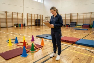 Professeure d'EPS organisant des zones d'apprentissage avec cônes et tapis dans un gymnase scolaire