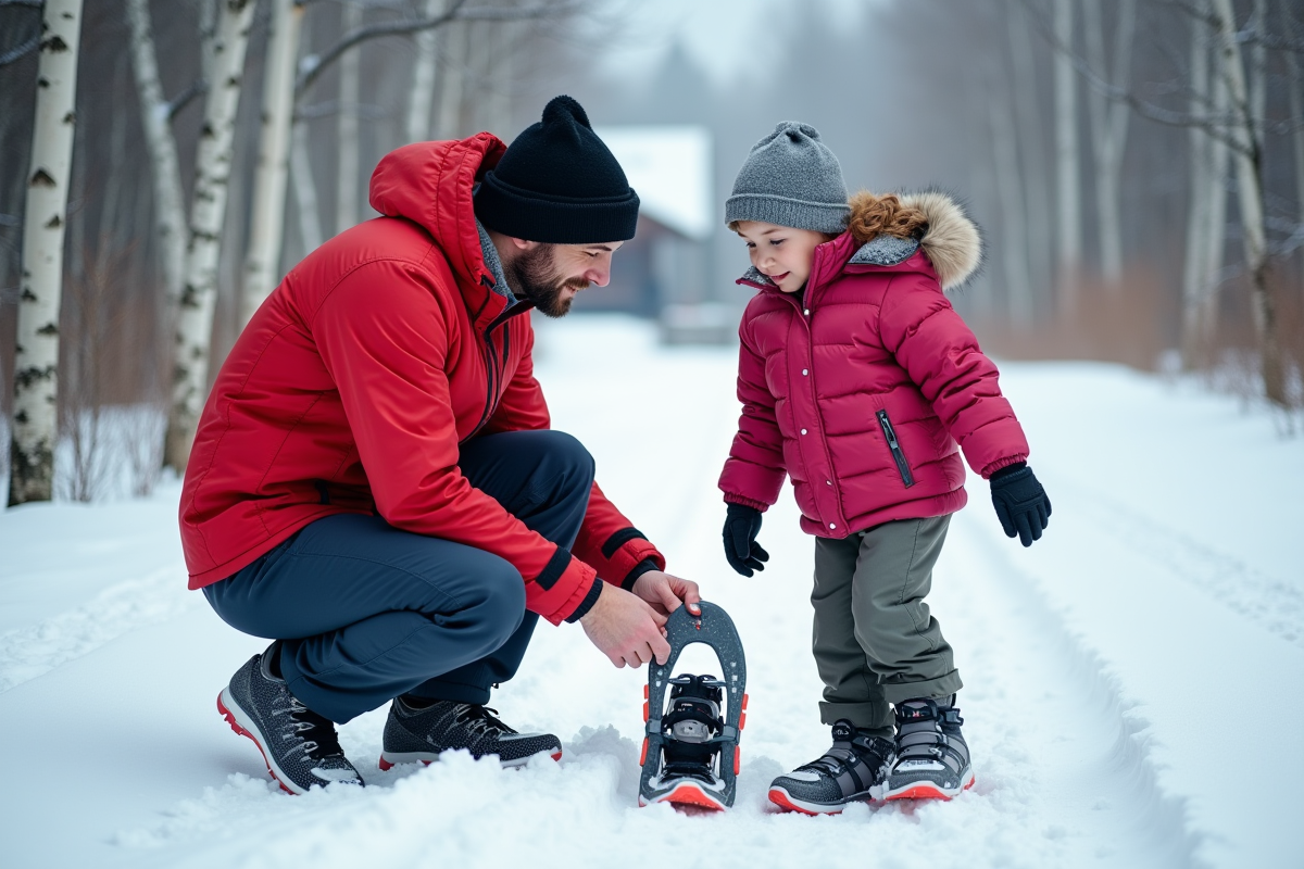 Père aidant sa fille à mettre des raquettes dans la neige