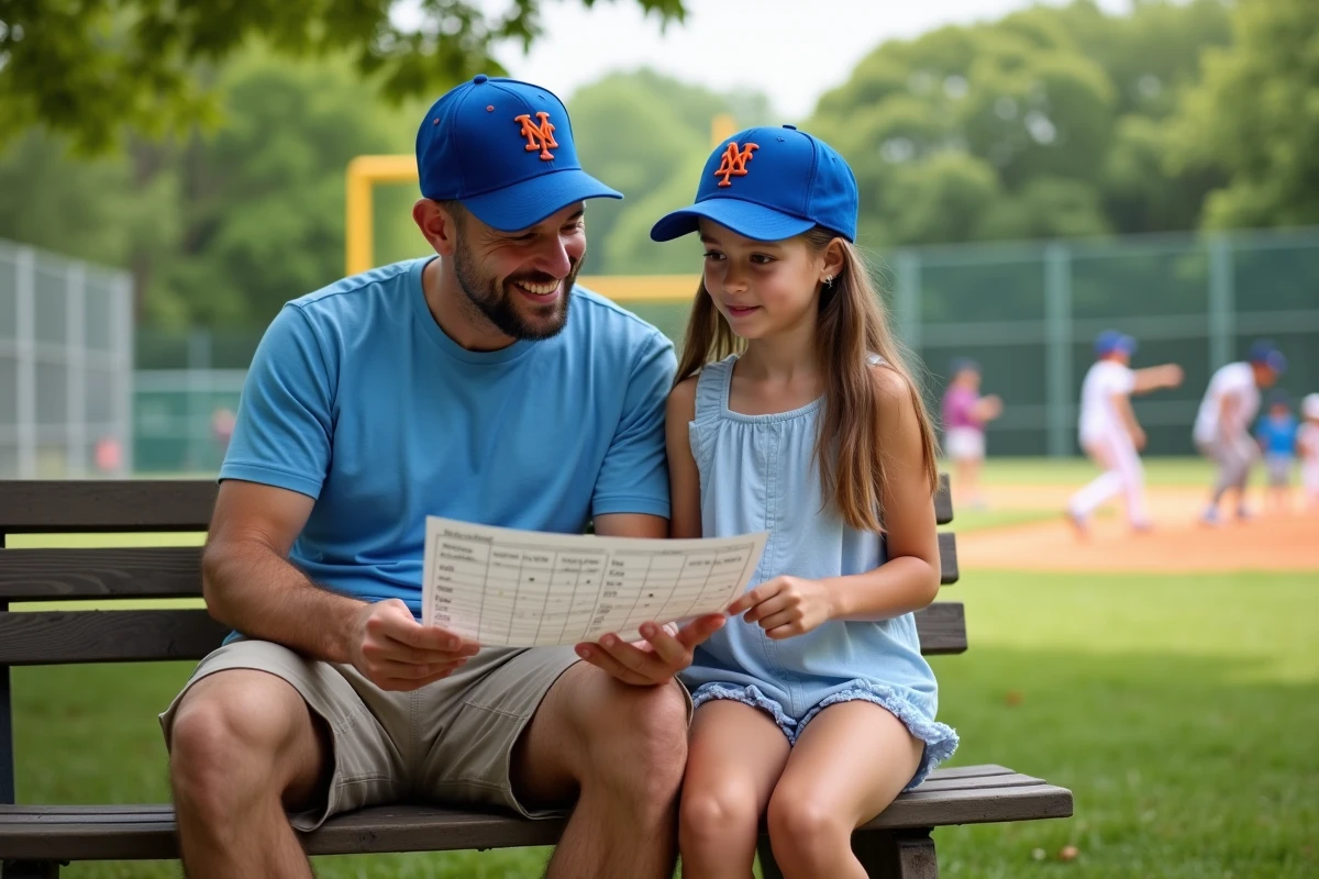 Père et fille discutant de baseball sur un banc dans un parc