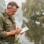Pêcheur tenant son permis de pêche 2026 au bord d'une rivière française, réfléchissant à son investissement annuel de pêche