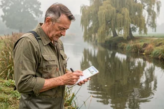 Pêcheur tenant son permis de pêche 2026 au bord d'une rivière française, réfléchissant à son investissement annuel de pêche