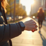 Personne vérifiant un tracker fitness au poignet en extérieur
