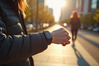 Personne vérifiant un tracker fitness au poignet en extérieur