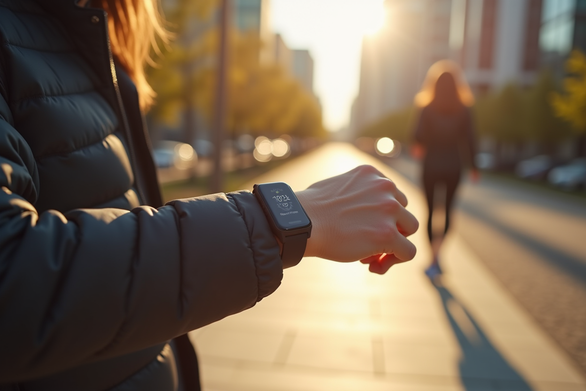 Personne vérifiant un tracker fitness au poignet en extérieur
