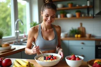 Femme sportive souriante préparant un bol de porridge coloré
