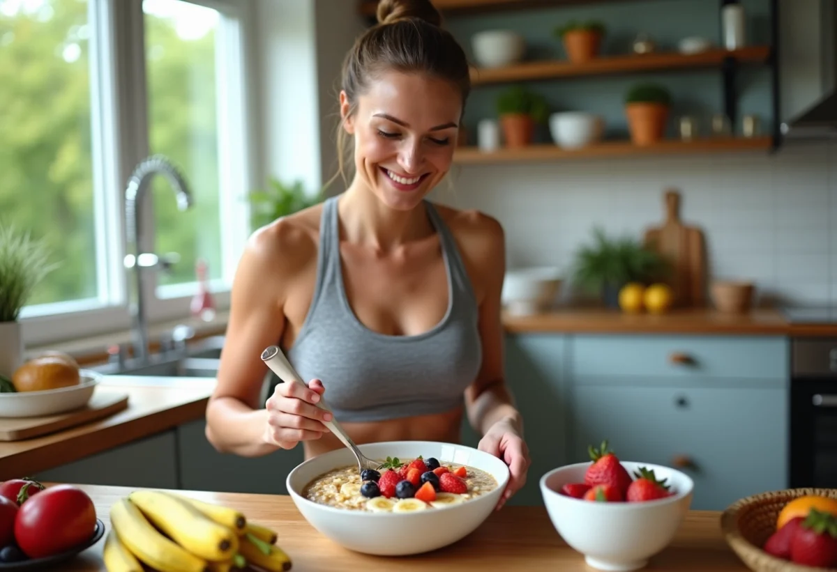Femme sportive souriante préparant un bol de porridge coloré