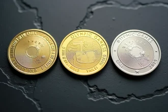 Trois pièces de 2 euros commémoratives JO 2026 en gros plan sur ardoise foncée, comparaison des designs officiels