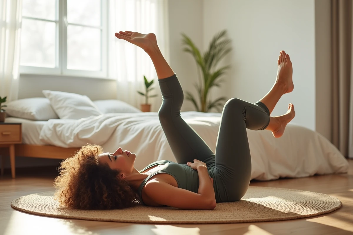 Femme d'âge mûr faisant un exercice de Pilates jambes en l'air allongée sur un tapis dans une chambre