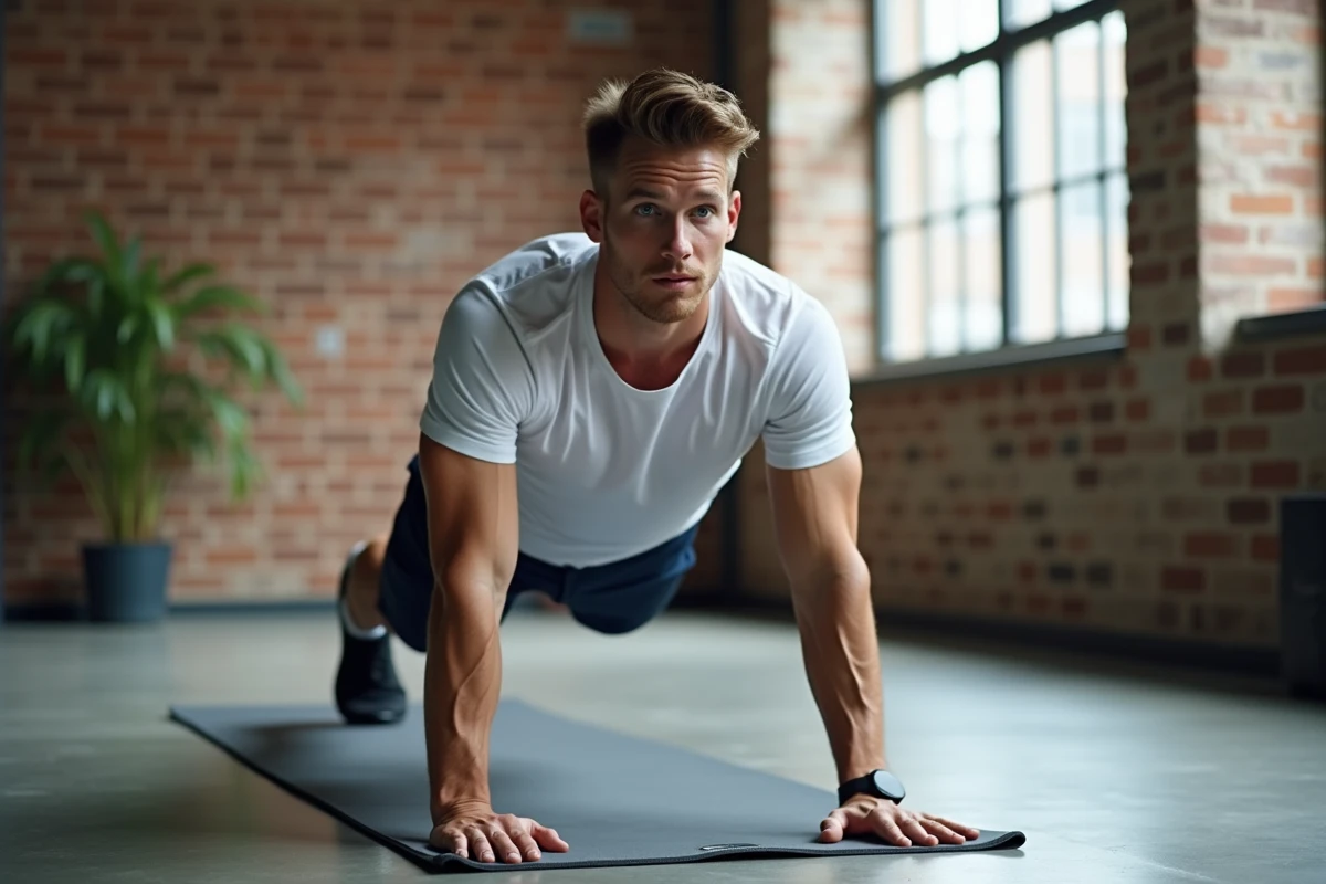 Homme en position de planche Pilates sur tapis de yoga dans une salle de sport à domicile