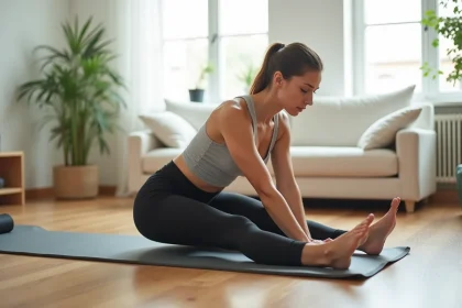 Femme pratiquant un exercice de Pilates au sol sans matériel dans un appartement moderne