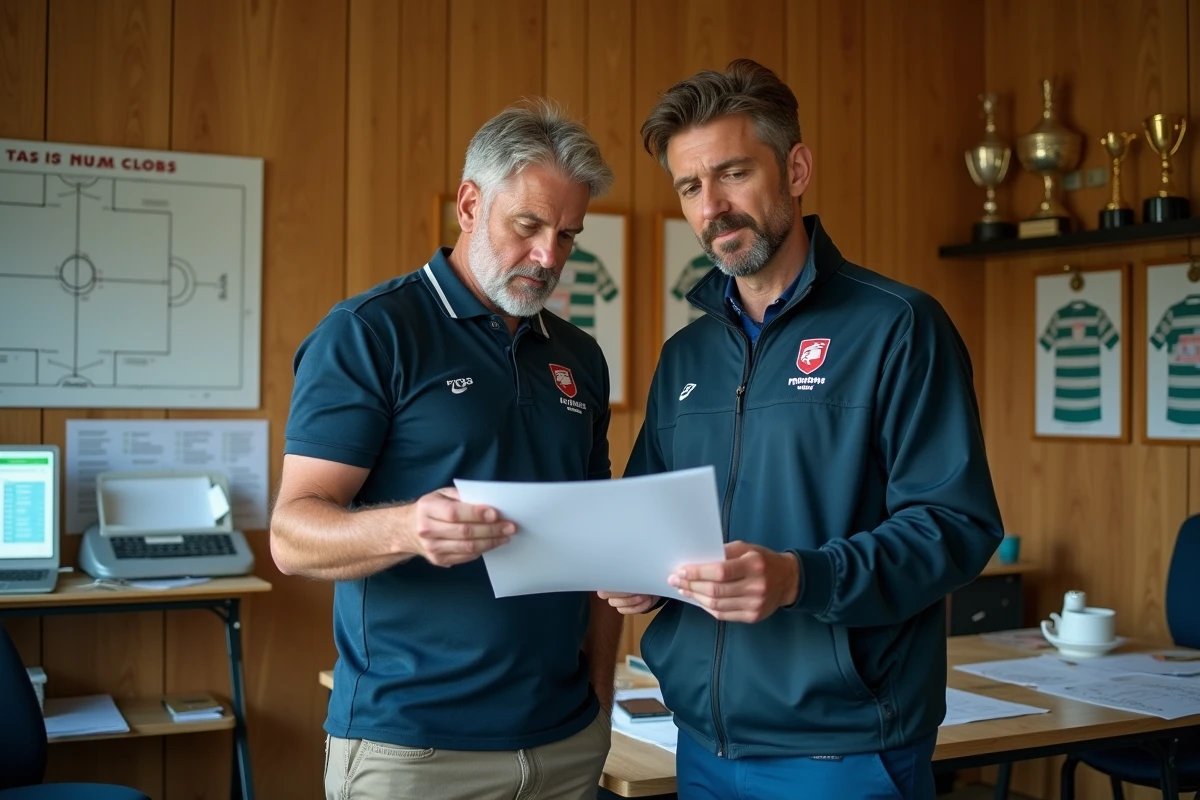 Président et entraîneur d'un club de rugby Fédérale 3 étudiant les critères de montée en Fédérale 2