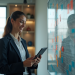 Jeune femme marketing avec tablette dans un bureau moderne