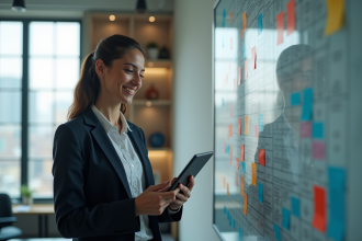 Jeune femme marketing avec tablette dans un bureau moderne
