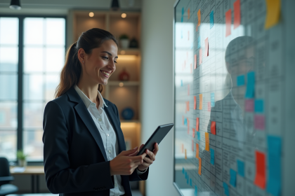 Jeune femme marketing avec tablette dans un bureau moderne