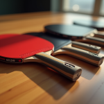 Cinq raquettes de tennis de table alignées sur une table en bois
