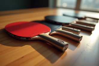 Cinq raquettes de tennis de table alignées sur une table en bois