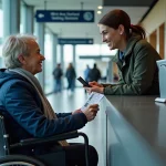 Femme en fauteuil roulant achetant un billet accessible au guichet d'un stade de football