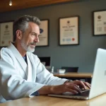 Responsable de club de judo consultant l'extranet FFJDA sur un ordinateur portable depuis son bureau