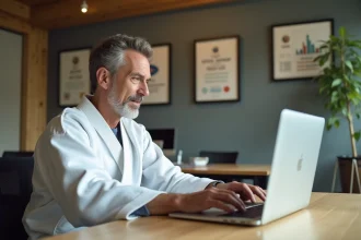 Responsable de club de judo consultant l'extranet FFJDA sur un ordinateur portable depuis son bureau