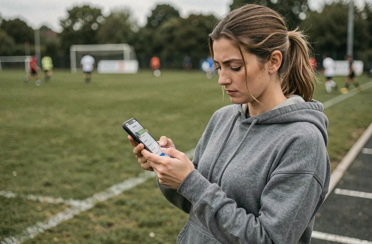 Une femme consulte les résultats de football du District de l'Hérault sur son smartphone en bord de terrain