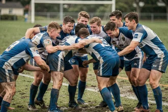 Joueurs de rugby amateurs en cercle avant un match de Fédérale 2 poule 3, maillots bleus et blancs sur terrain herbeux