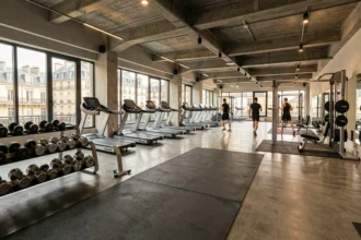 Vue panoramique d'une salle de musculation moderne en Gironde avec équipements complets et ambiance urbaine