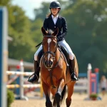 Jeune cavaliere en compétition sautant un obstacle