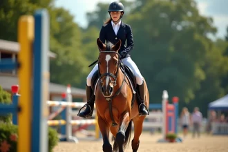 Jeune cavaliere en compétition sautant un obstacle
