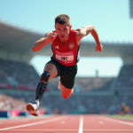 Saut en longueur paralympique en plein air avec prothese sportive