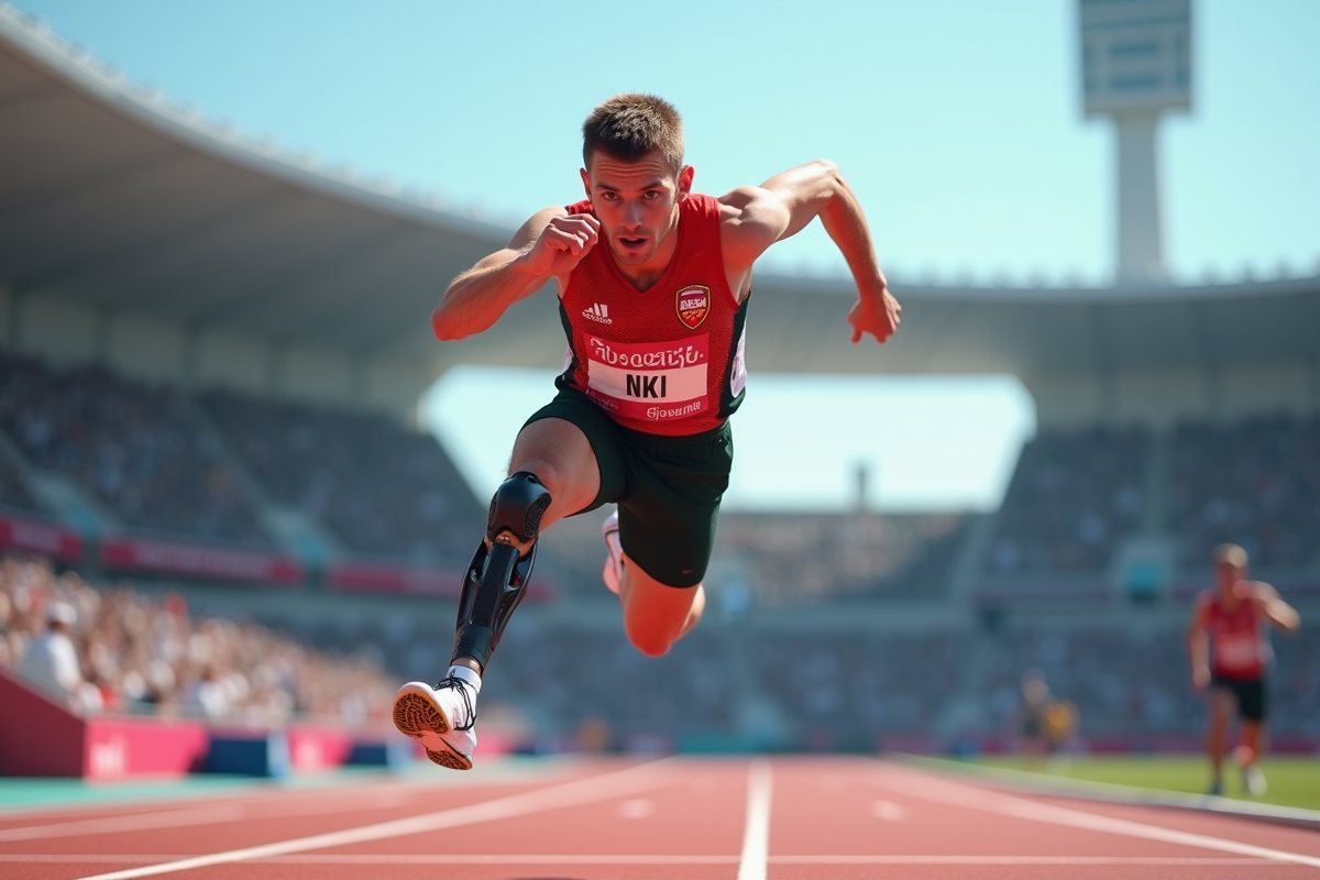 Saut en longueur paralympique en plein air avec prothese sportive