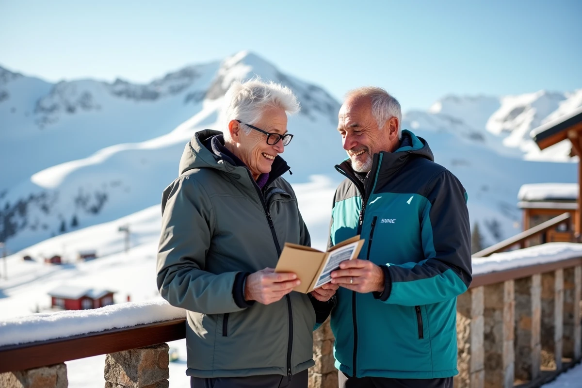 Couple de seniors examinant les tarifs des forfaits de ski à Alpe d'Huez sur une terrasse alpine enneigée