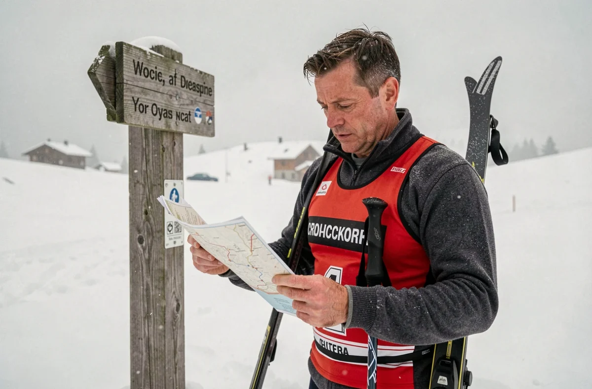 Skieur de fond consultant une carte au carrefour de pistes balisées dans un domaine nordique enneigé en altitude