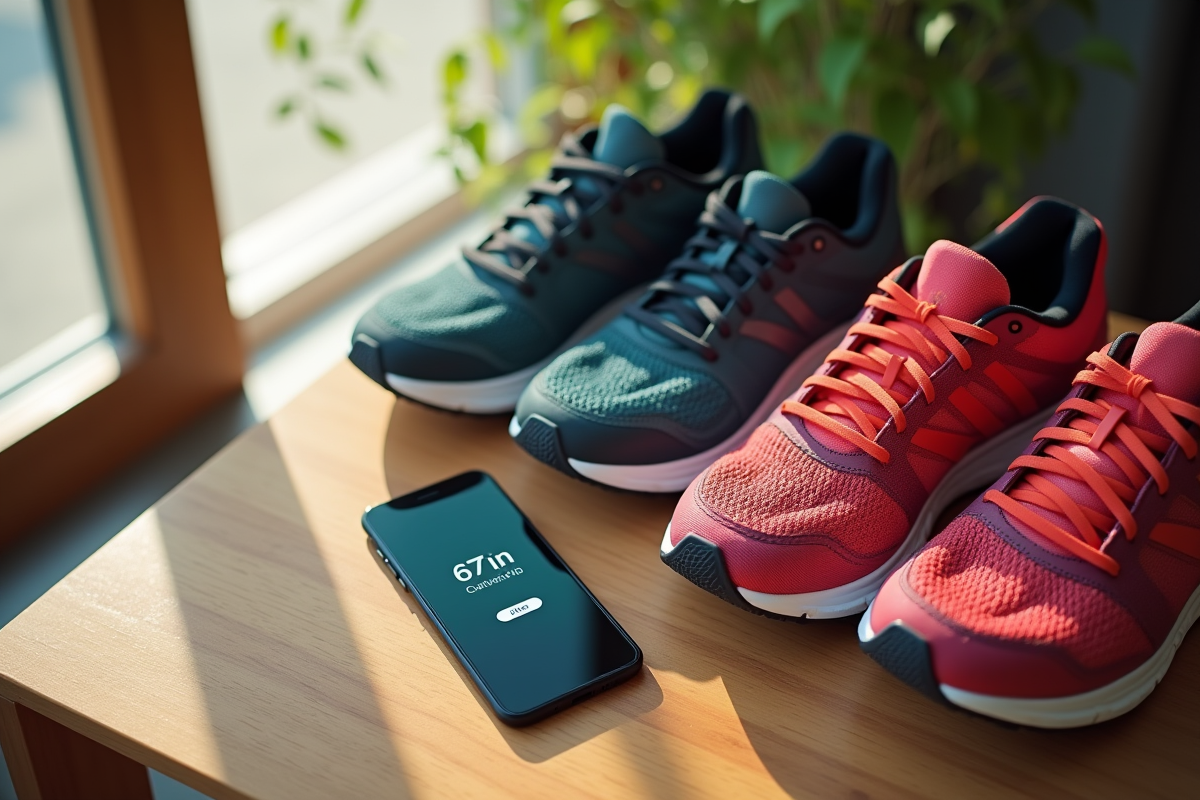 Smartphone avec application de marche près des chaussures de course