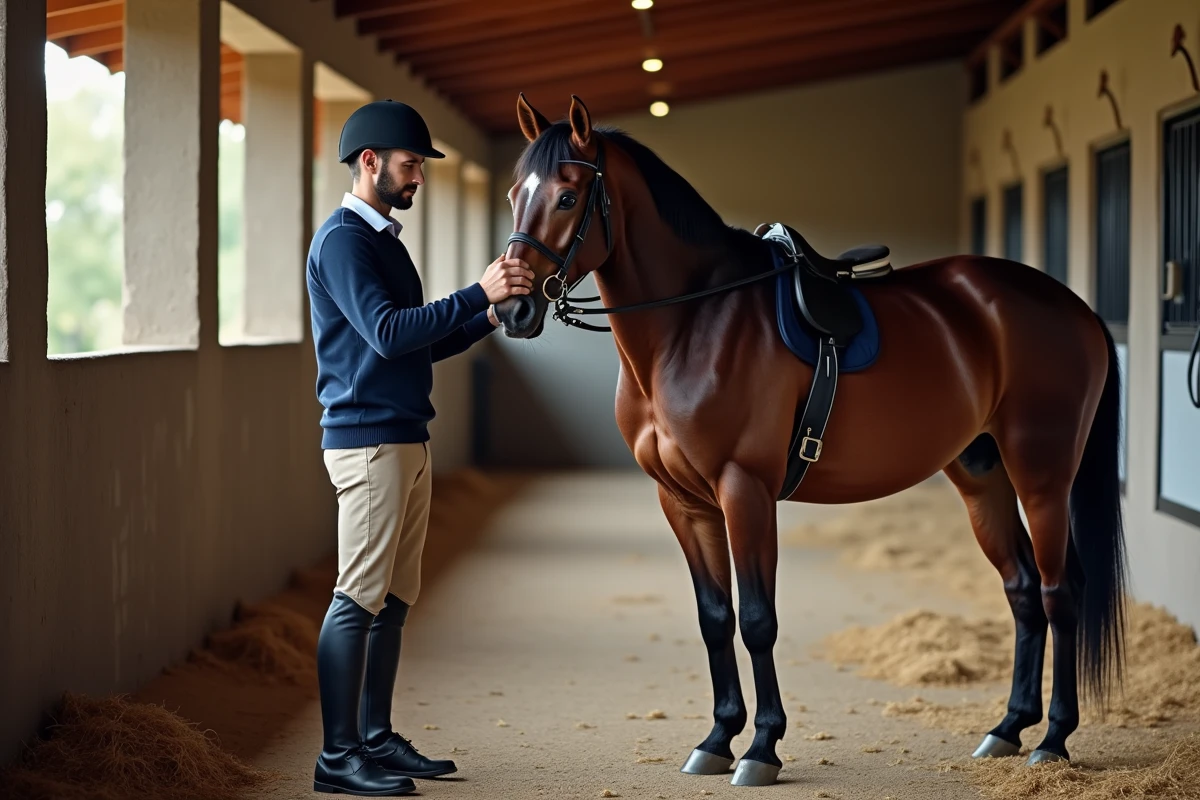Cavalier adulte soignant un cheval dans l’écurie