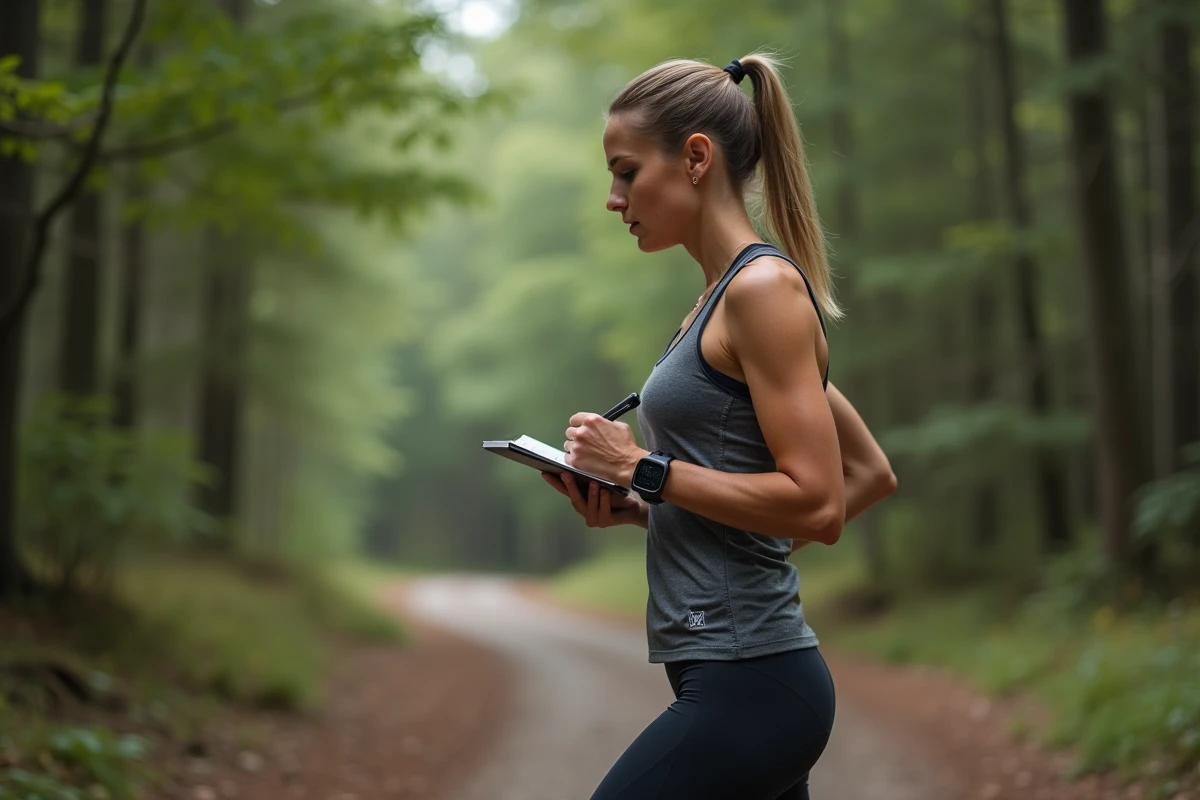 Femme athlète en forêt en train de noter son rythme