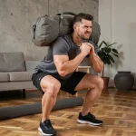 Homme réalisant un squat lesté avec un sac de sport à la maison sur parquet en bois