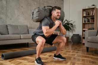 Homme réalisant un squat lesté avec un sac de sport à la maison sur parquet en bois