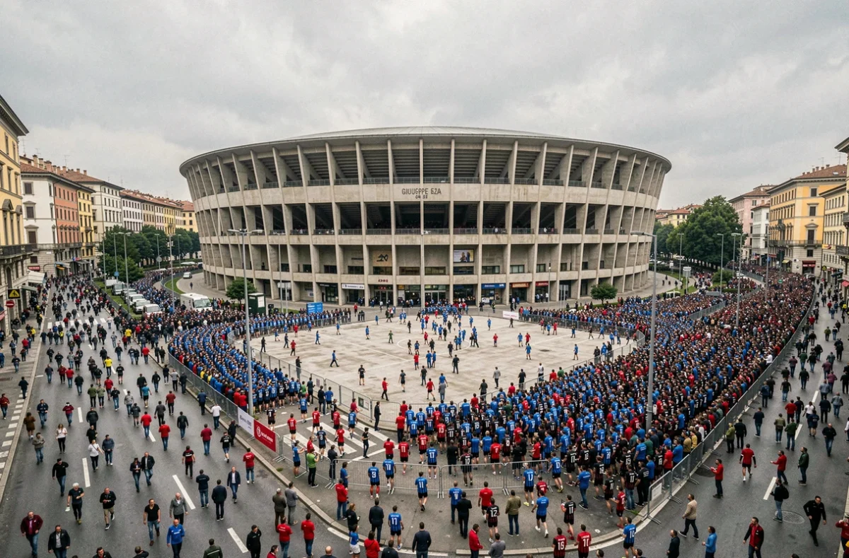 Vue panoramique du Stadio Giuseppe Meazza entouré de supporters de l'Inter Milan et de l'AC Milan lors du derby della Madonnina