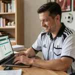 Un homme consulte les résultats du District de l'Hérault football sur un ordinateur portable à domicile