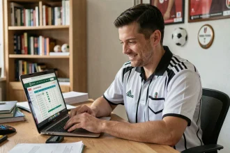 Un homme consulte les résultats du District de l'Hérault football sur un ordinateur portable à domicile