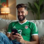Homme algérien en maillot vert et blanc regardant son téléphone