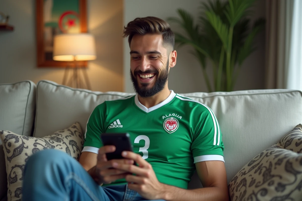 Homme algérien en maillot vert et blanc regardant son téléphone