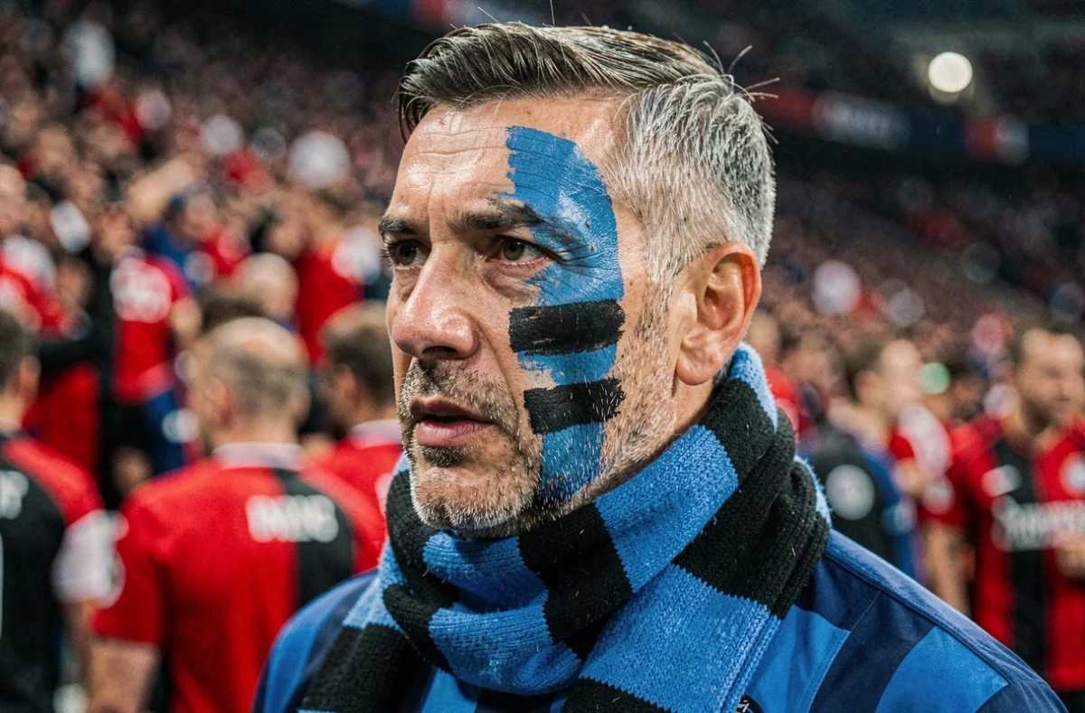 Portrait d'un supporter passionné de l'Inter Milan avec écharpe et visage peint lors du derby de Milan contre l'AC Milan