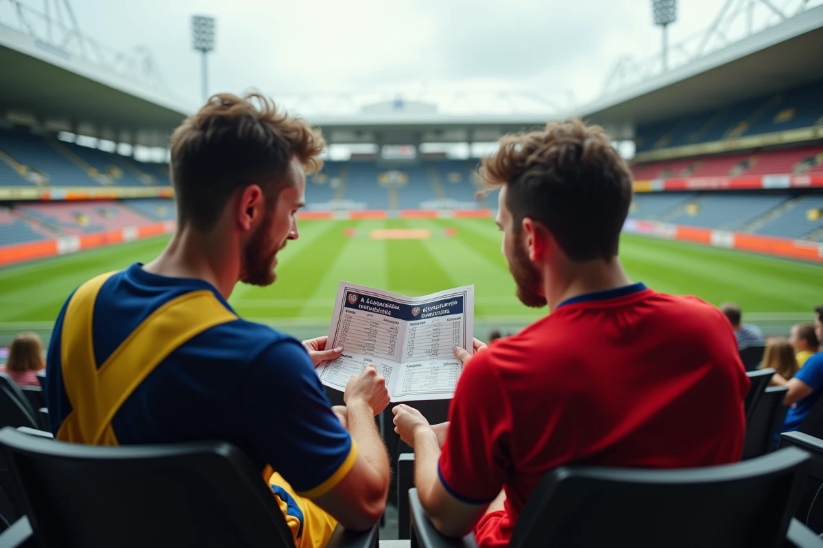 Deux supporters comparant le classement A-League 2026 domicile et extérieur dans un stade australien