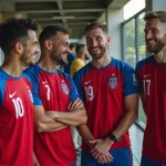 Groupe de supporters de clubs de foot lyonnais en maillots devant un stade amateur