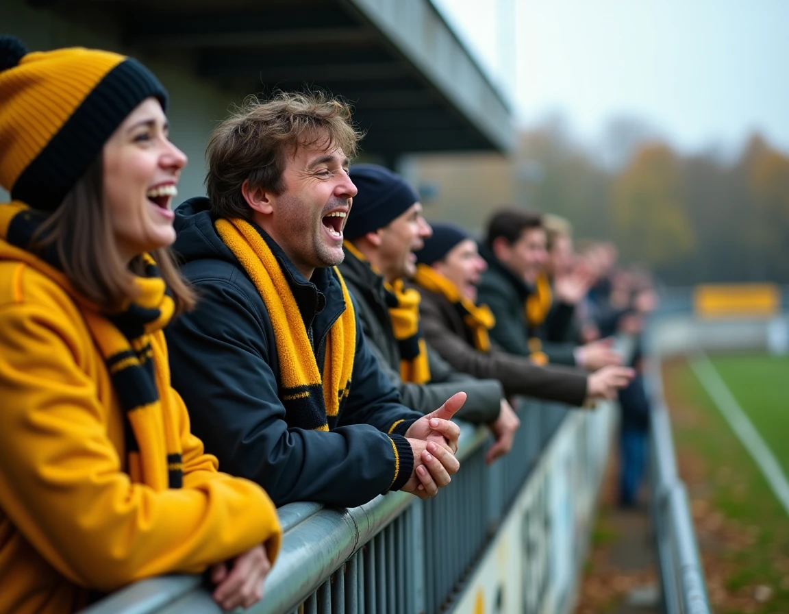 Supporters passionnés dans les tribunes d'un stade rural lors d'un derby de football du district Haute-Loire en automne